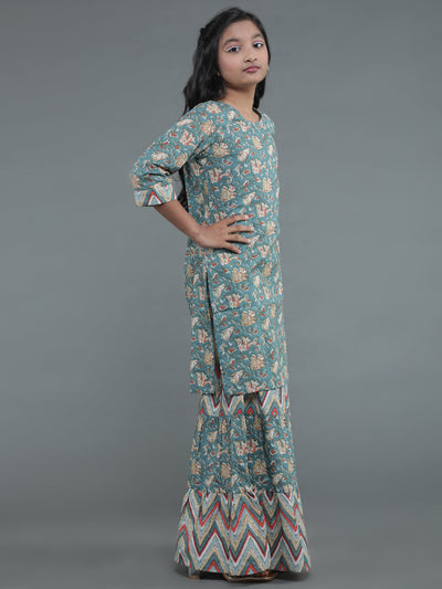 Grey Floral Print Kurta With Sharara