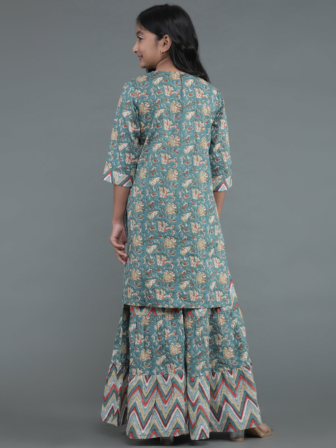 Grey Floral Print Kurta With Sharara