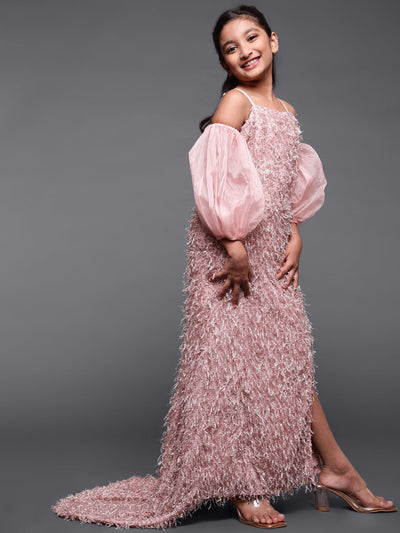 Peach Fur Designed Side Slit Maxi Dress