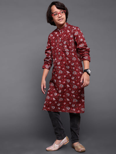 Maroon Floral Print Long Kurta