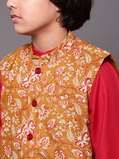 Red & Mustard Floral Print Kurta Pyjama With Nehru Jacket