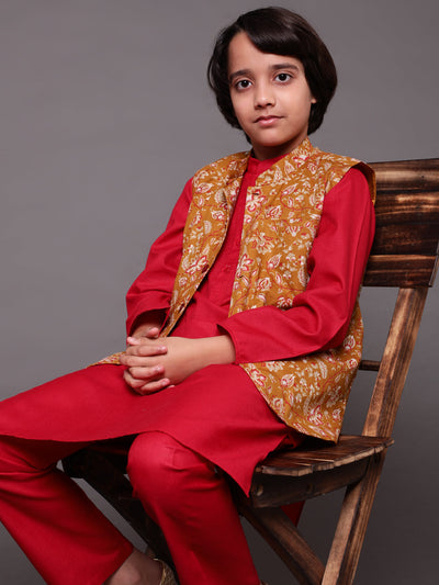 Red & Mustard Floral Print Kurta Pyjama With Nehru Jacket