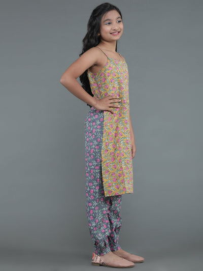 Mustard & Grey Floral Print Kurta With Balloon Palazzo