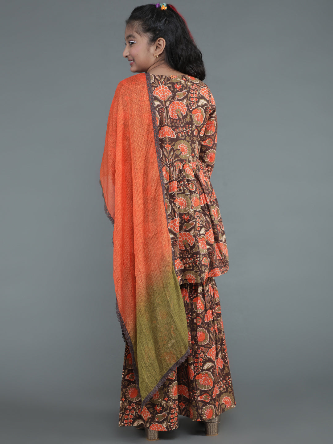 Brown Floral Print Kurta Sharara With Dupatta