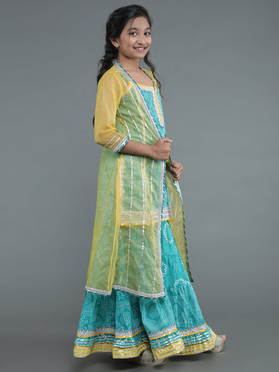 Green Bandhani Print Kurta Sharara & Jacket With Potli Bag