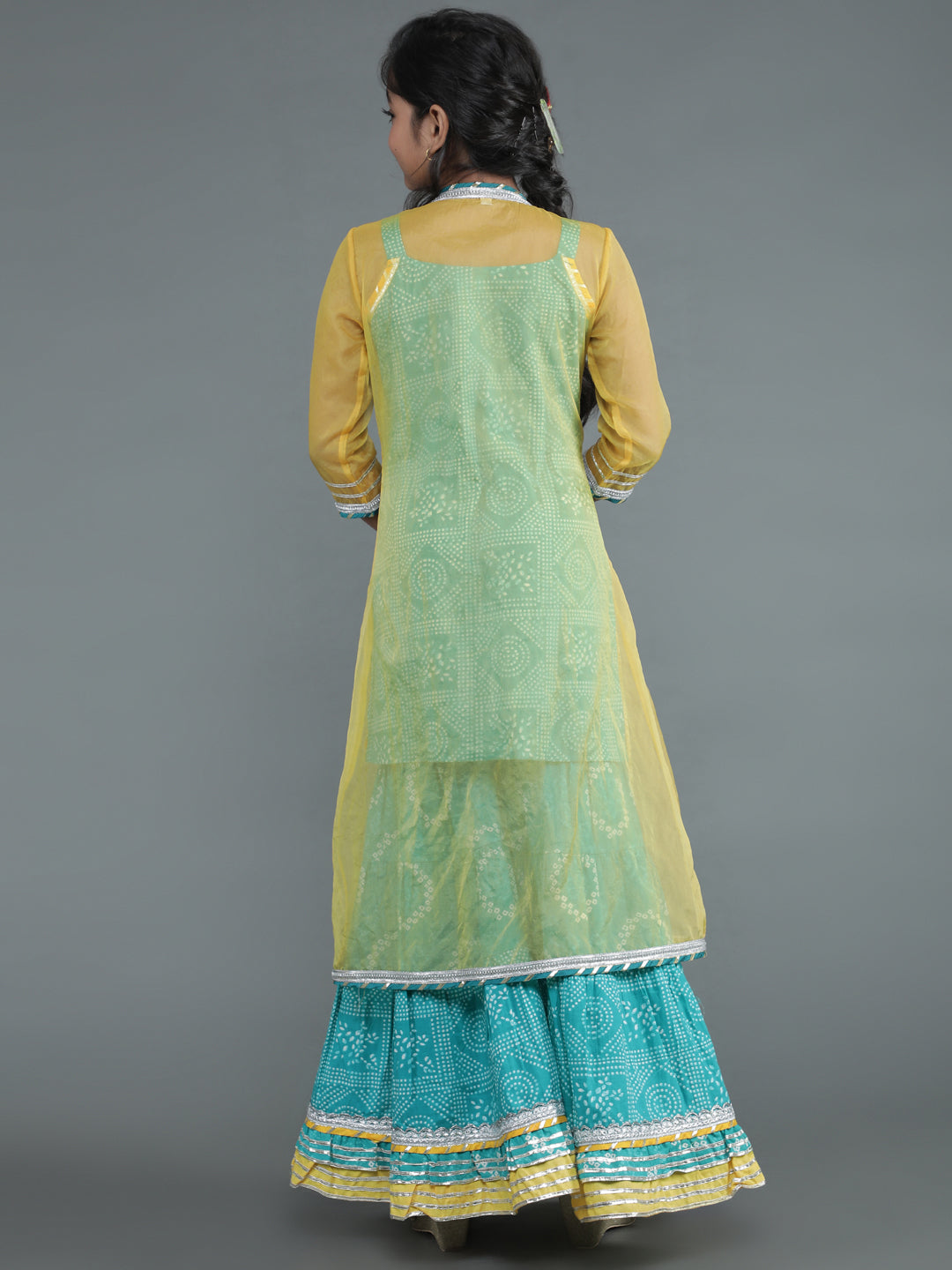 Green Bandhani Print Kurta Sharara & Jacket With Potli Bag
