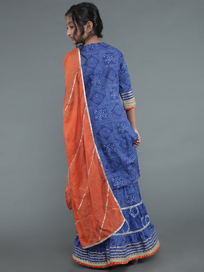 Navy Blue Bandhani Print Kurta Sharara With Dupatta