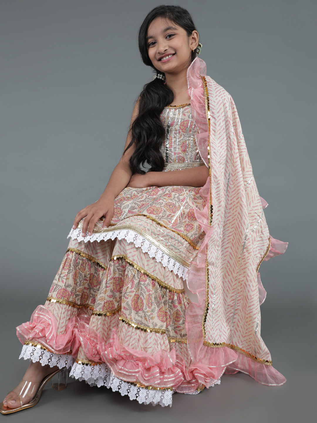 Cream Floral Print Kurta Sharara With Dupatta