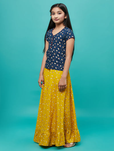 Yellow & Blue Floral Print Lehenga Choli