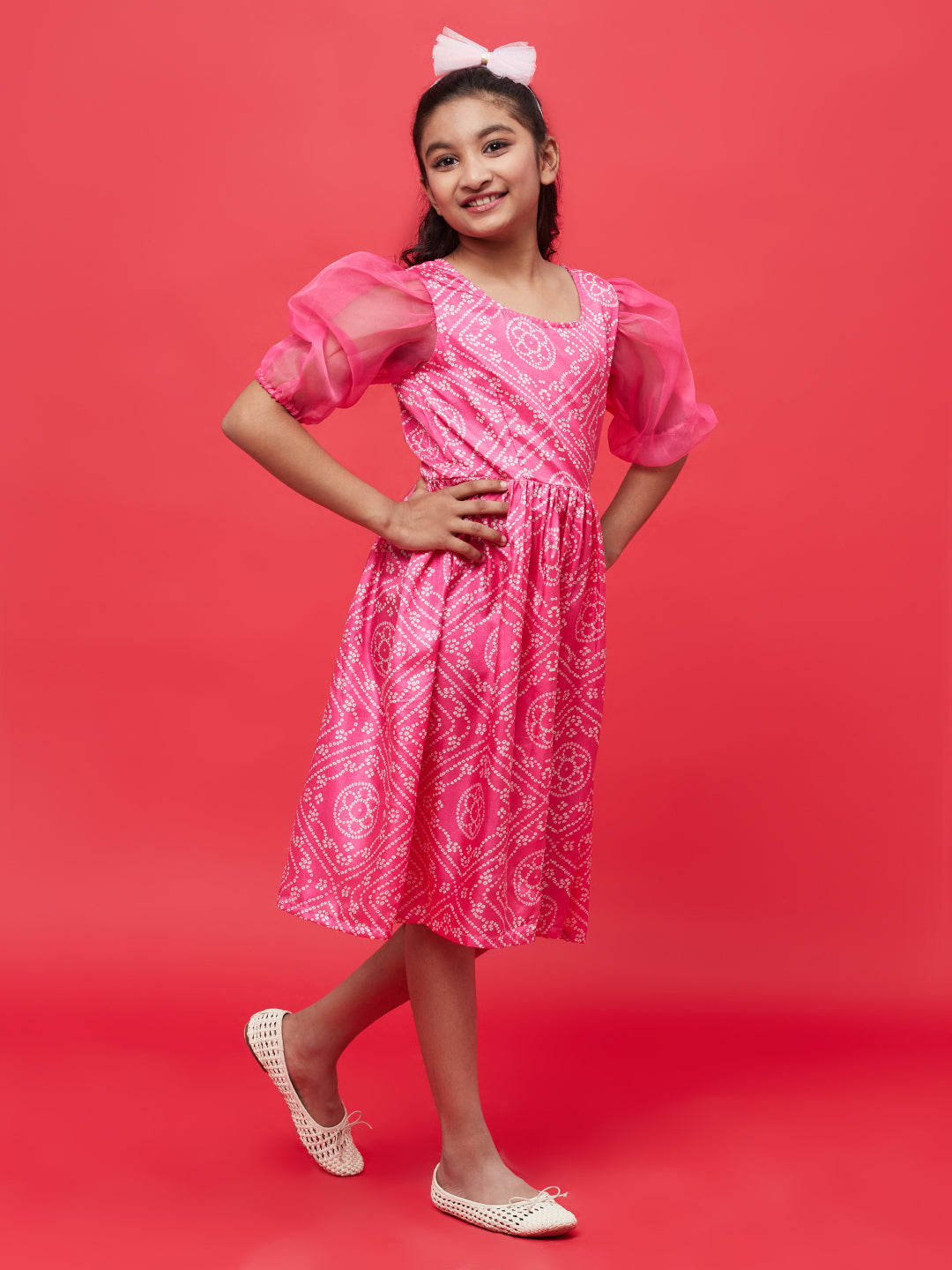 Pink Bandhani Print Empire Dress