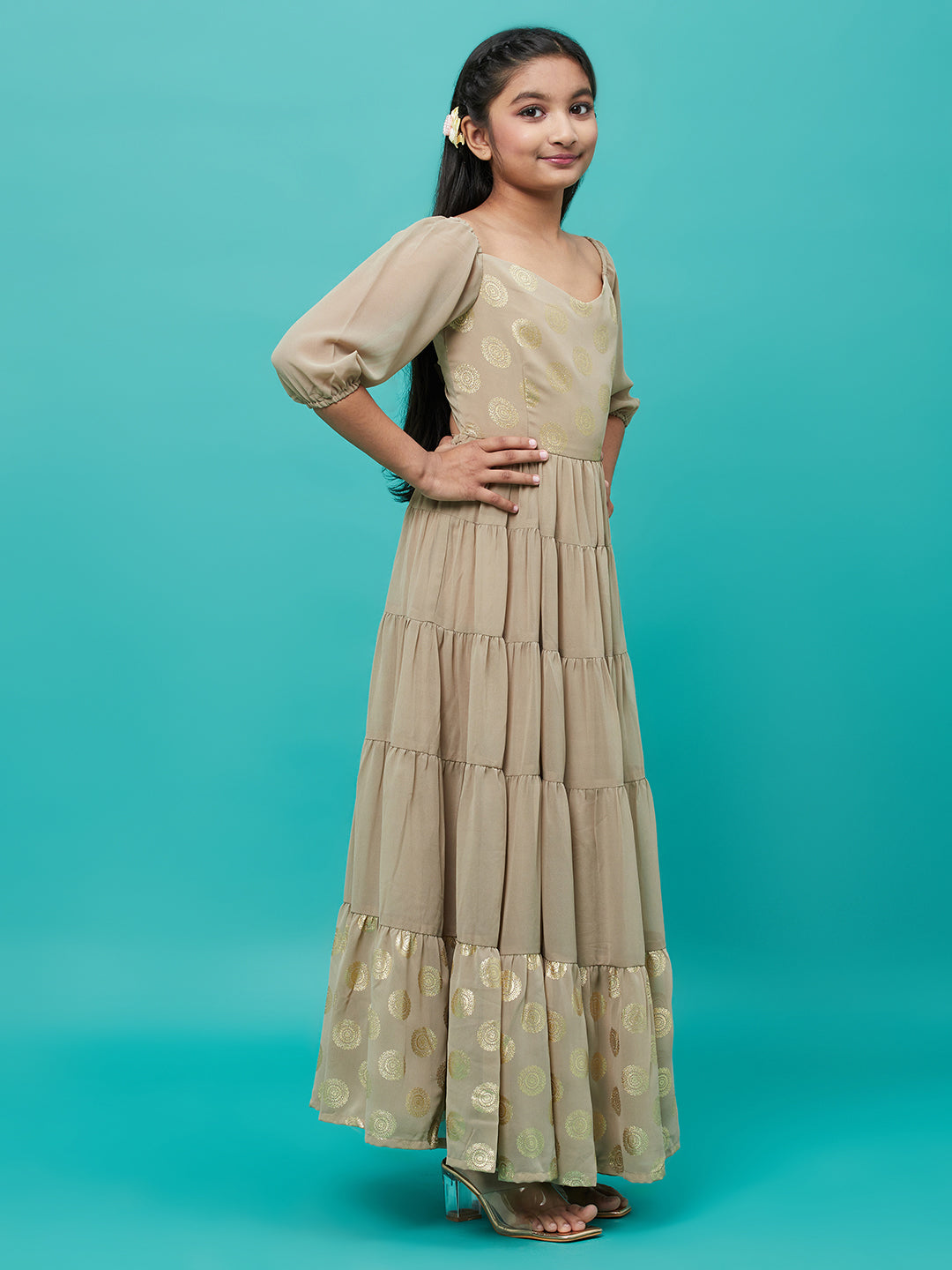 Beige Foil Printed Tiered Maxi Dress