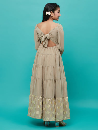 Beige Foil Printed Tiered Maxi Dress