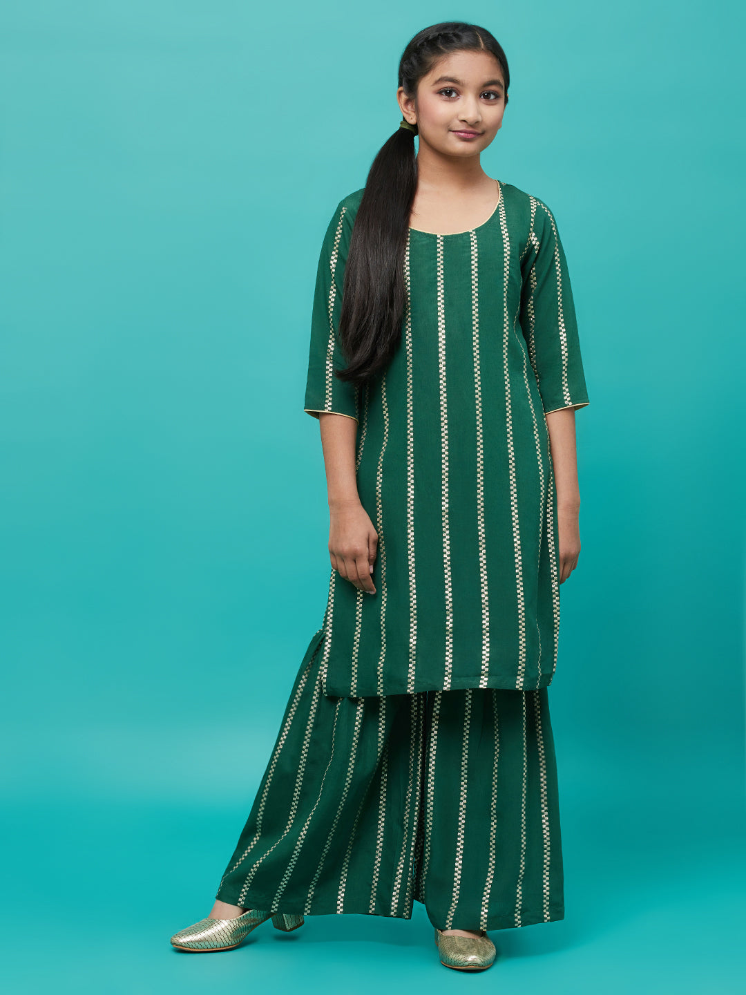 Green Striped Kurta With Sharara