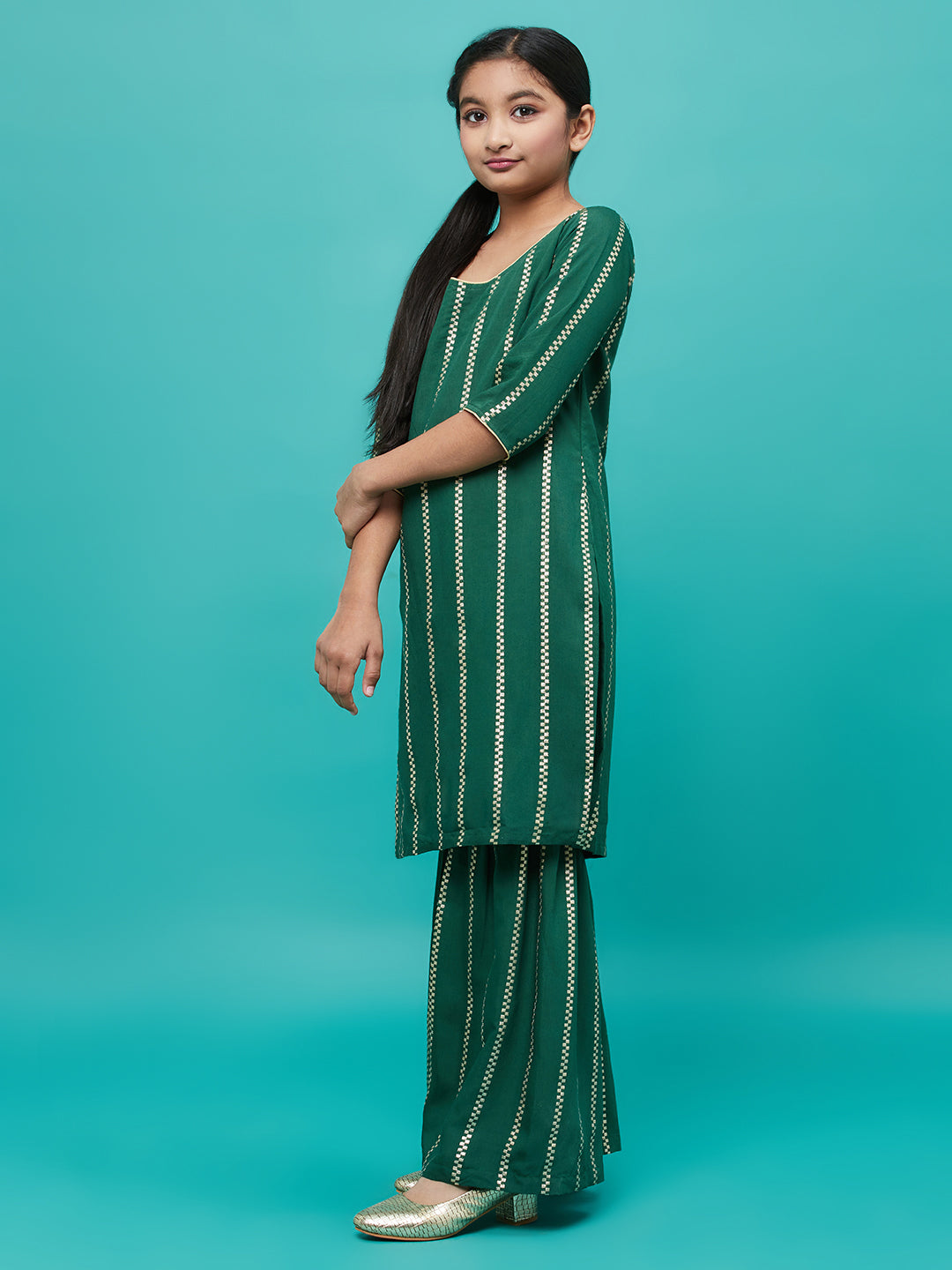 Green Striped Kurta With Sharara