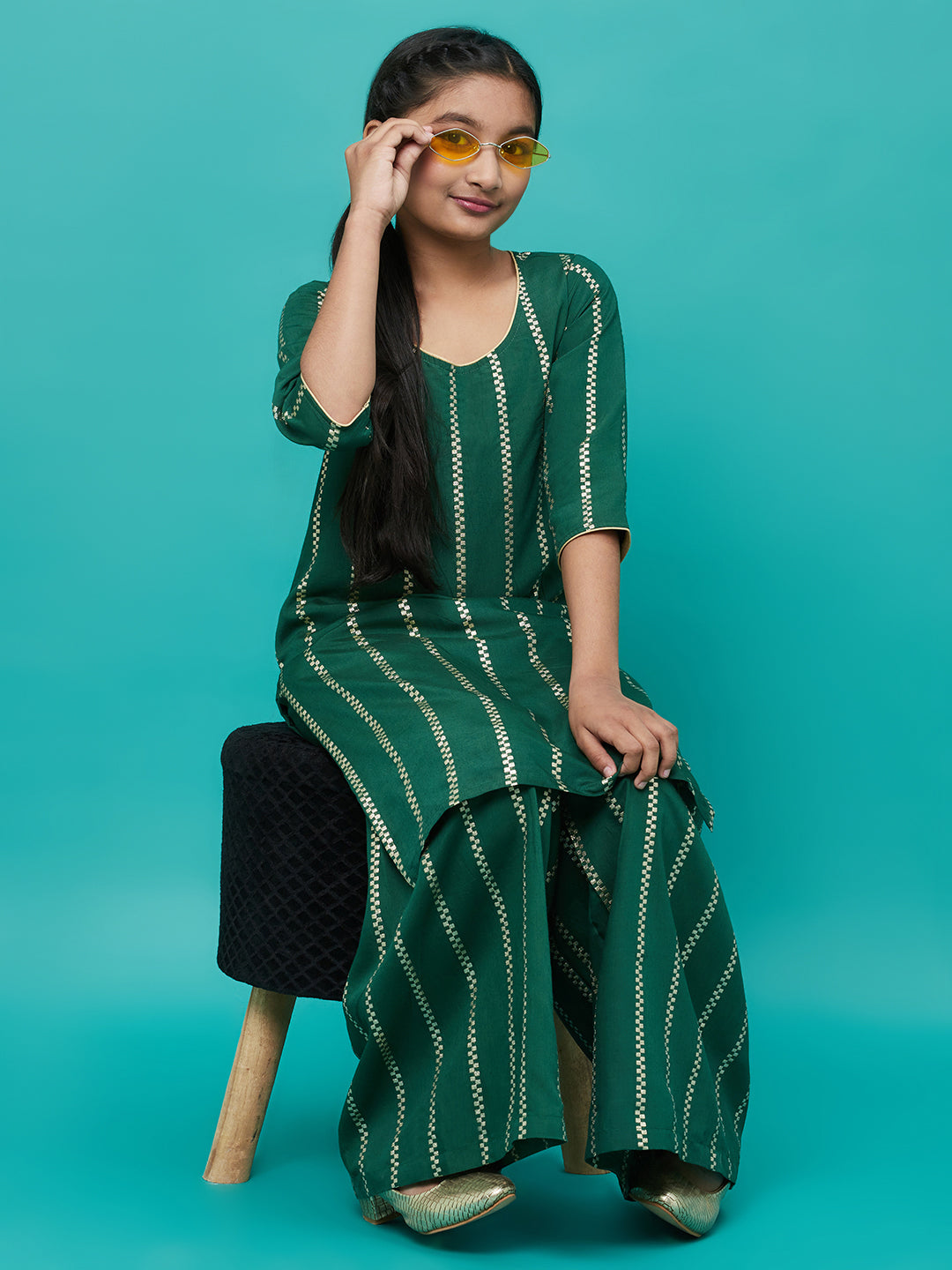 Green Striped Kurta With Sharara