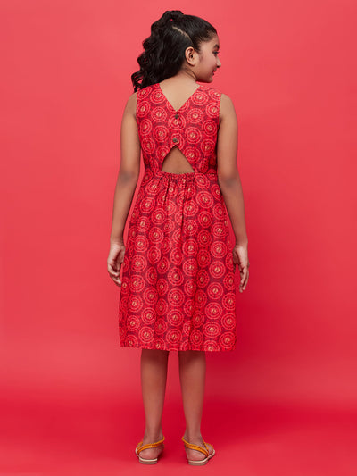 Red Digital Print Box Pleated Dress