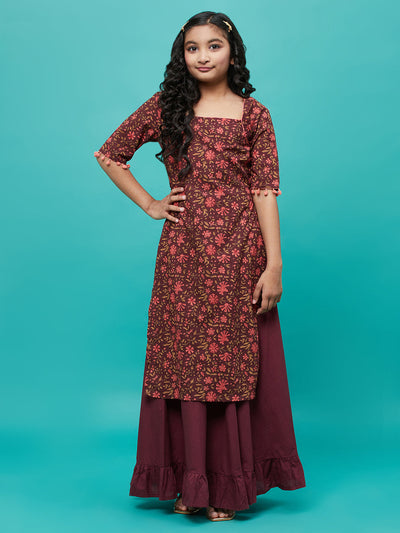 Maroon Floral Print Kurta With Skirt