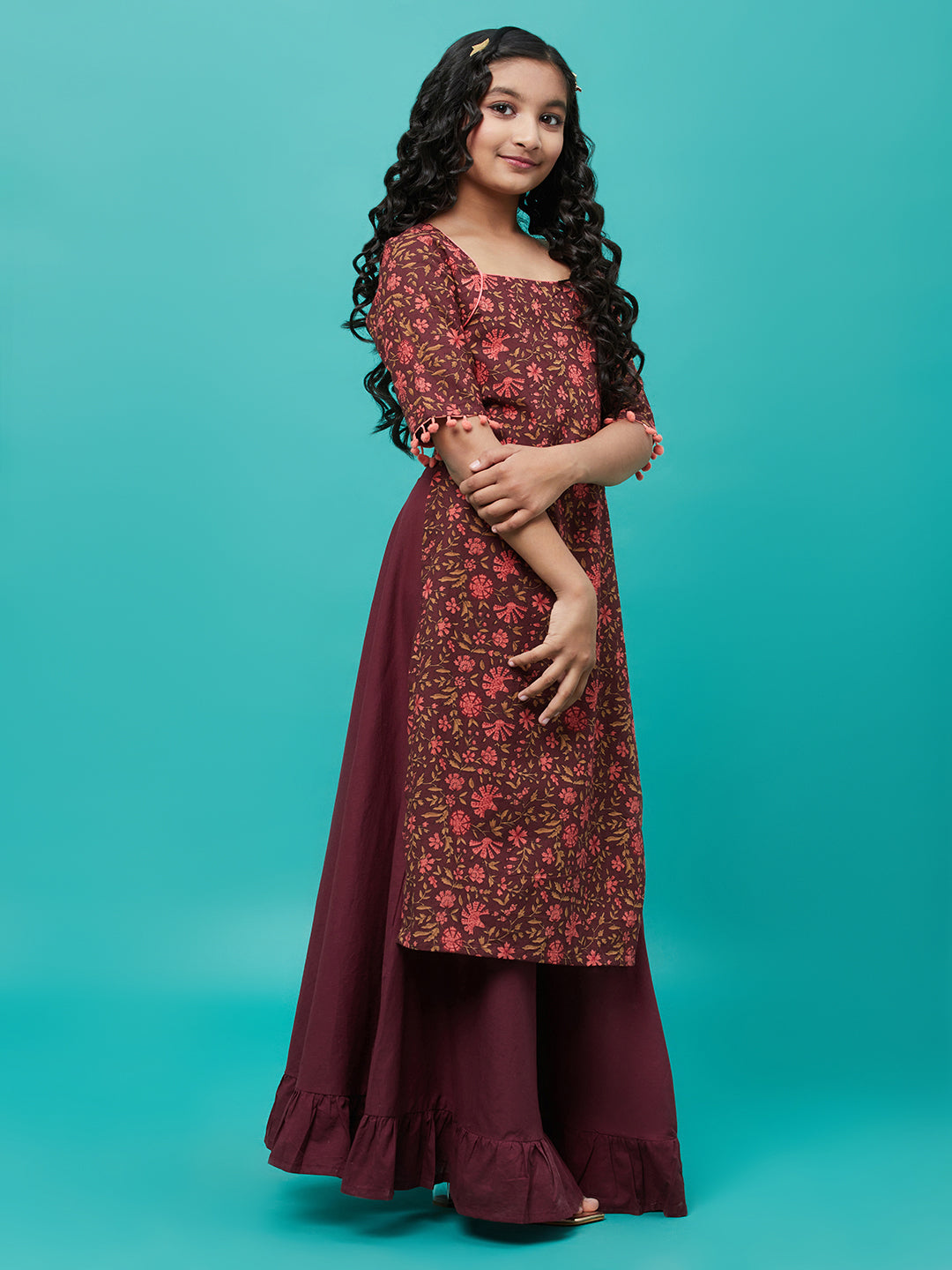 Maroon Floral Print Kurta With Skirt