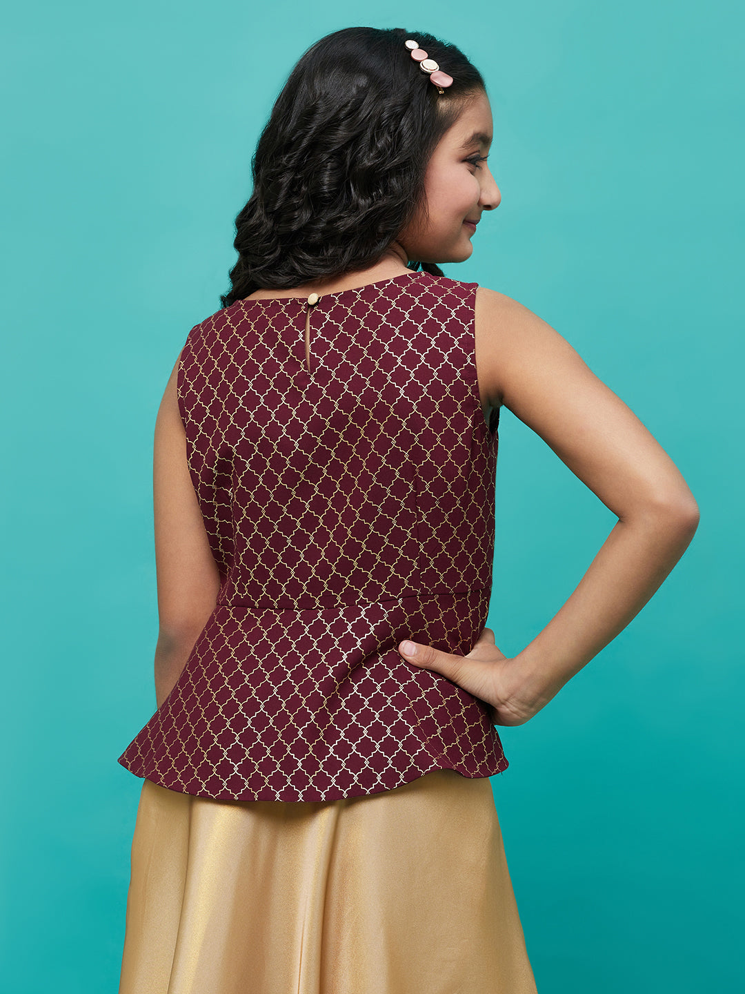 Burgundy Foil Printed Peplum Top