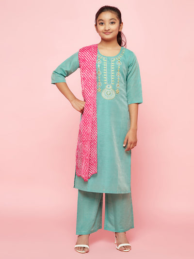 Green Embroidered Kurta Palazzo With Dupatta