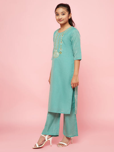 Green Embroidered Kurta Palazzo With Dupatta