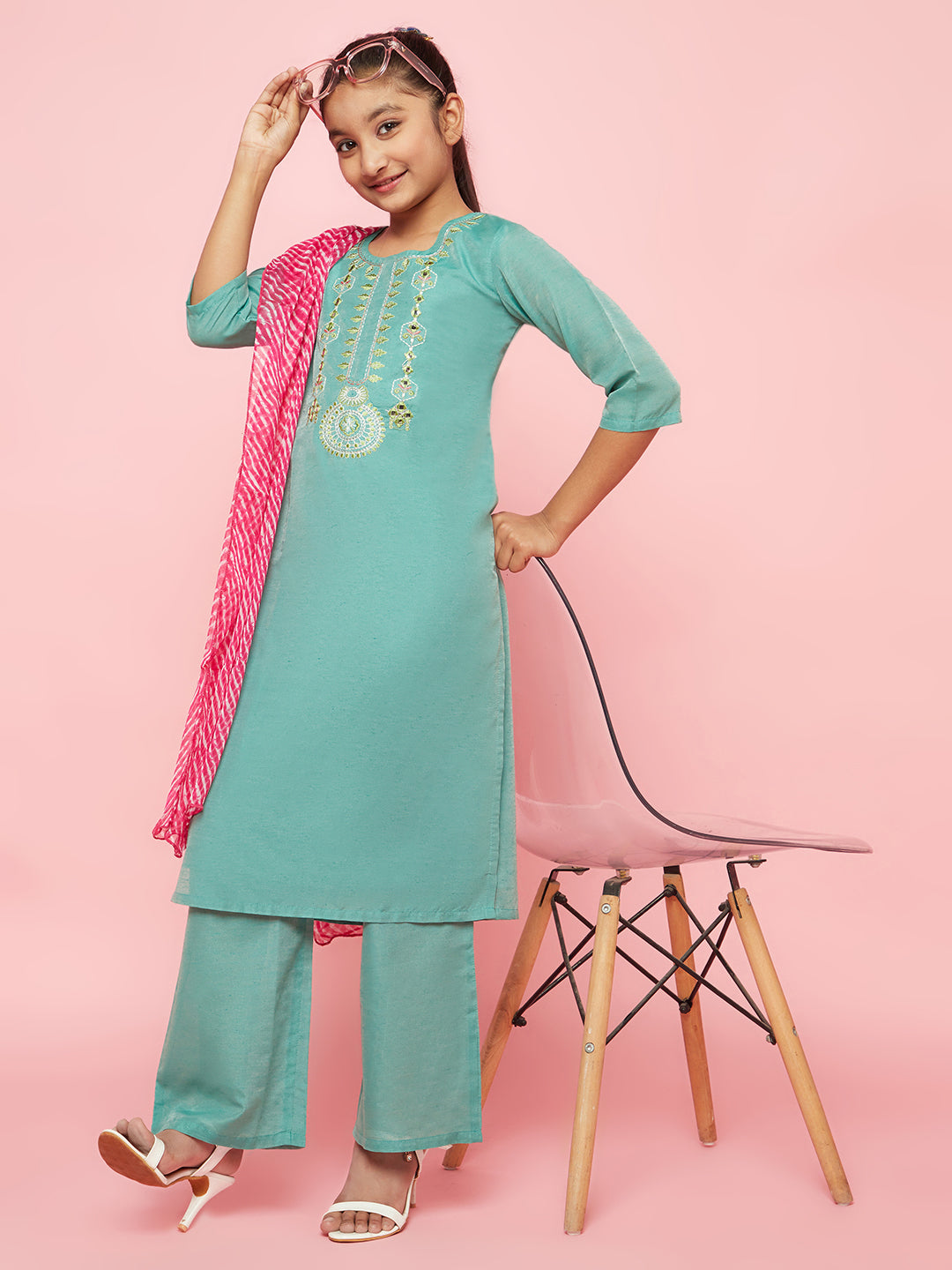 Green Embroidered Kurta Palazzo With Dupatta