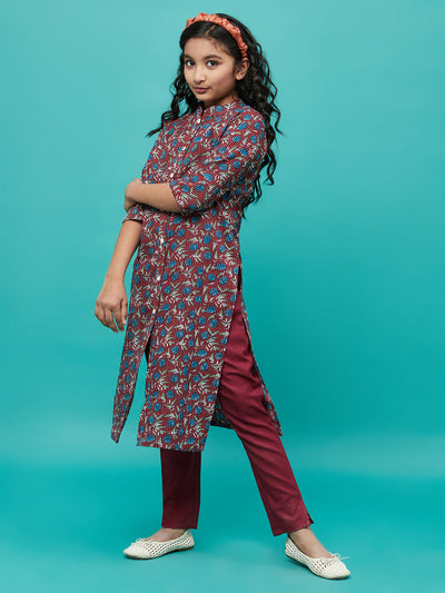 Maroon Floral Print Button Down Kurta With Pant