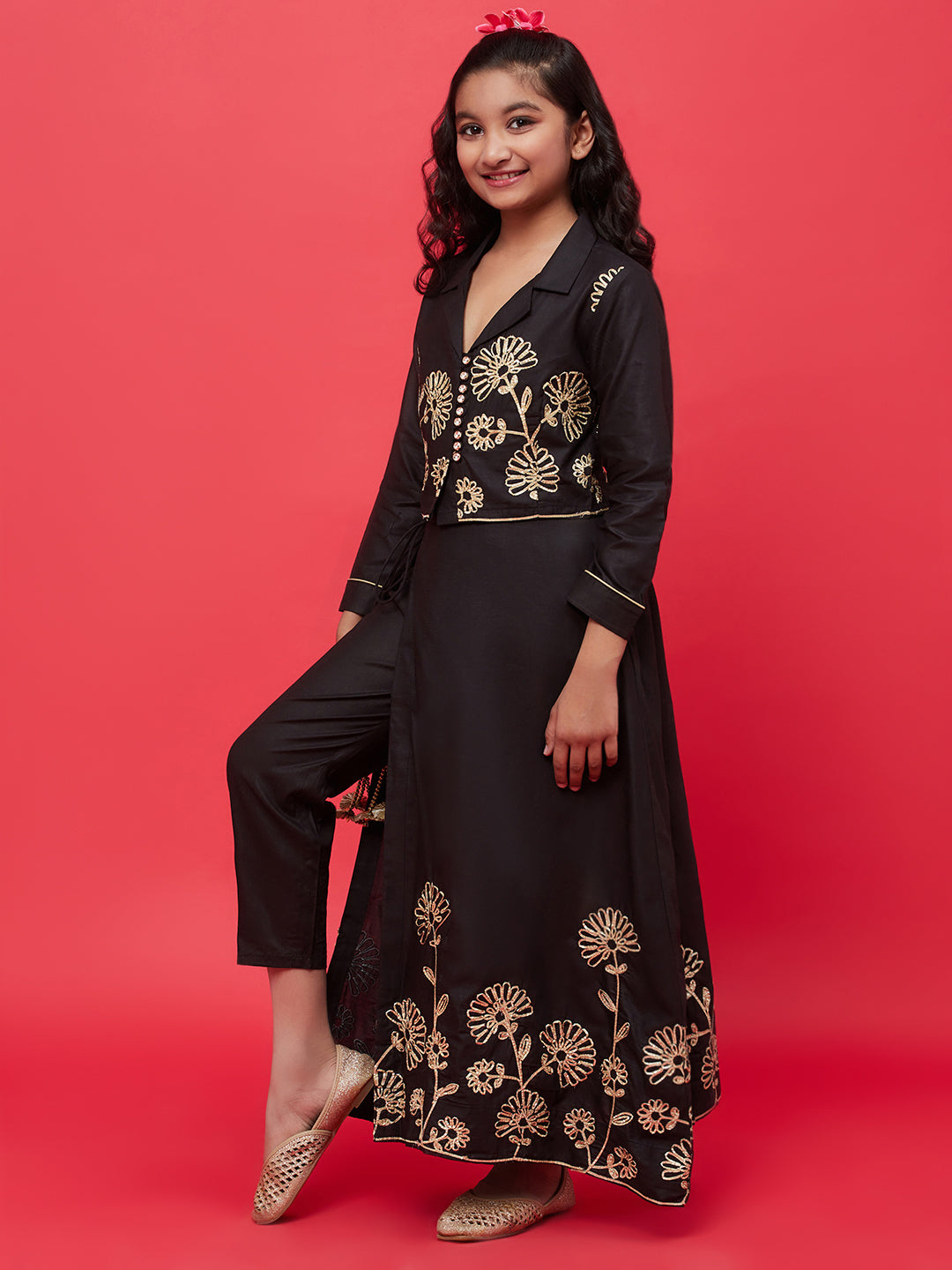 Black Embroidered Top Skirt With Attached Pant