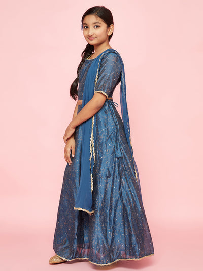 Blue Printed Lehenga Choli With Dupatta