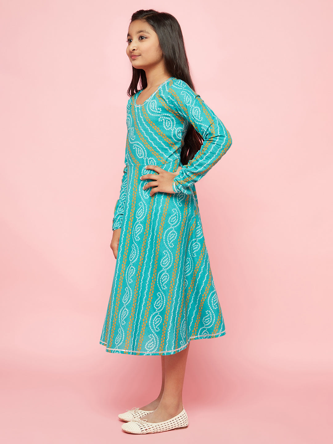 Blue Bandhani Print Flared Dress