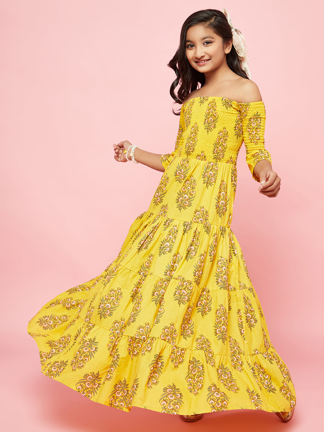 Yellow Floral Print Tiered Maxi Dress