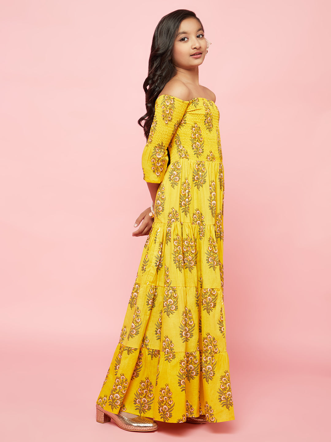 Yellow Floral Print Tiered Maxi Dress