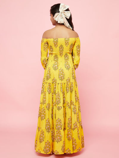 Yellow Floral Print Tiered Maxi Dress