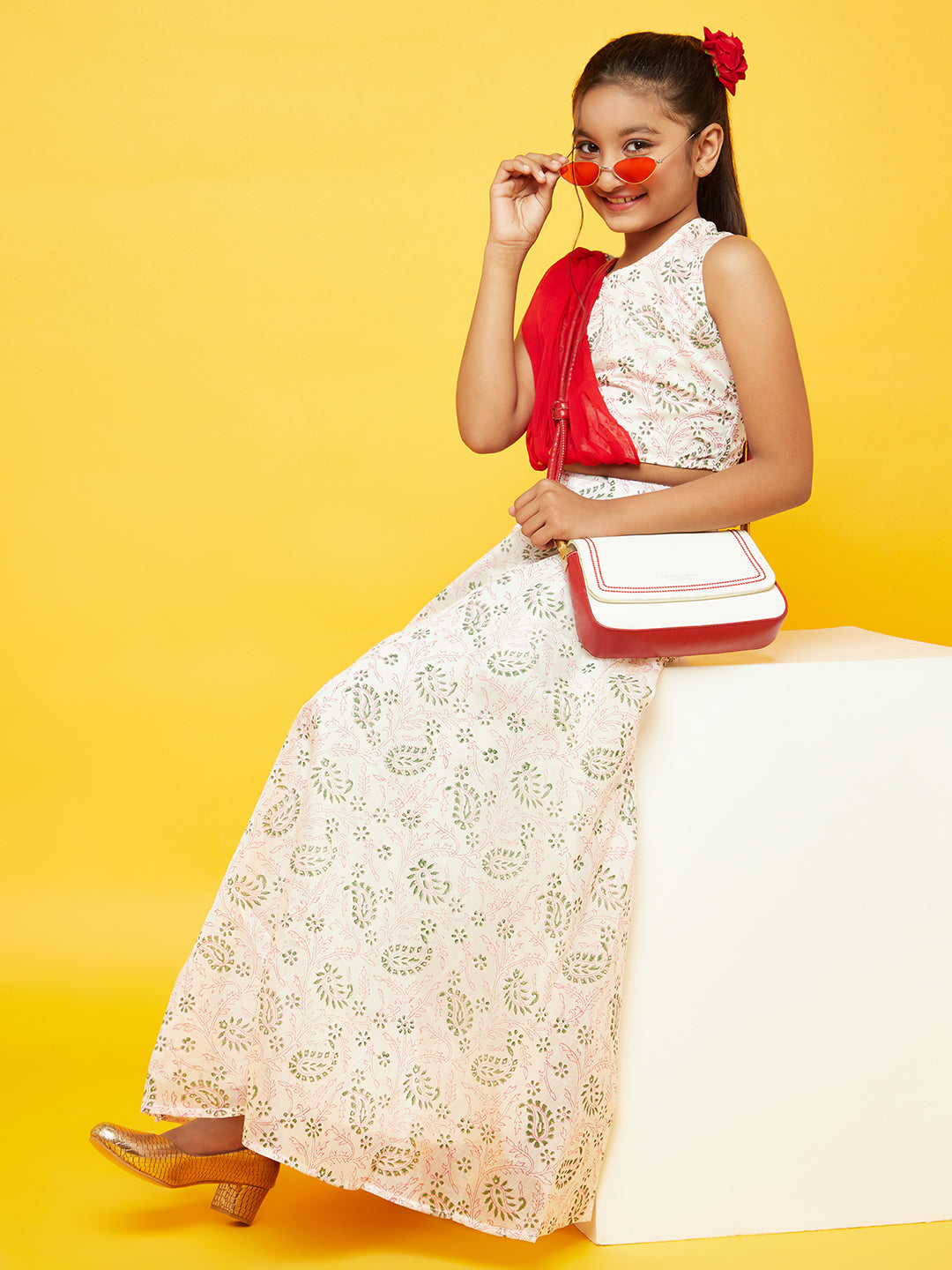 White Block Print Lehenga Choli With Attatched Dupatta