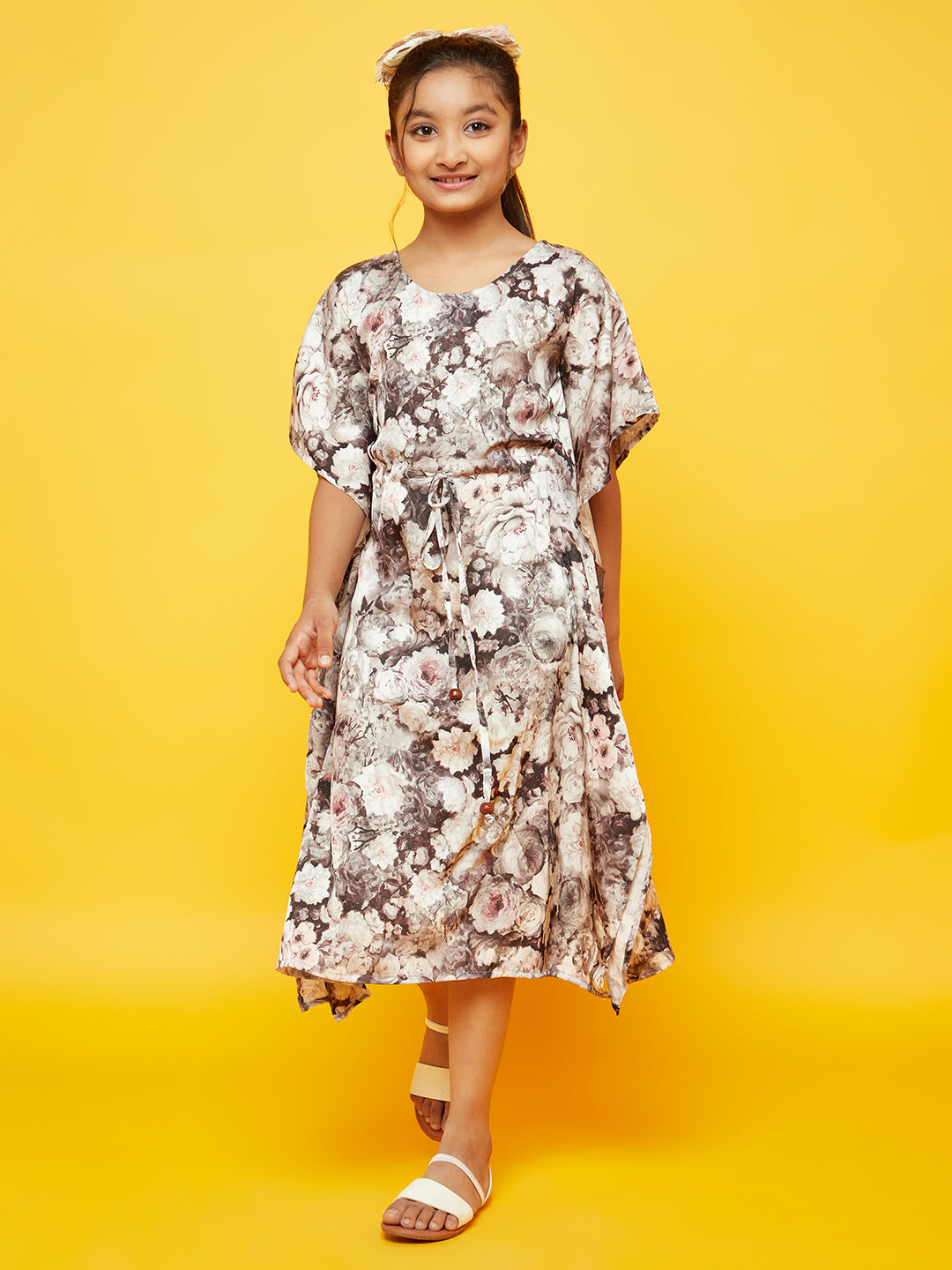 Brown Floral Print Kaftan Dress