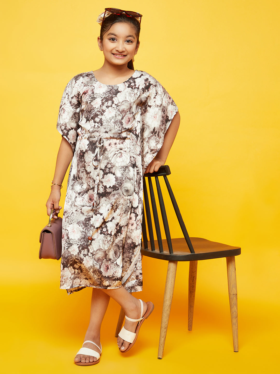 Brown Floral Print Kaftan Dress