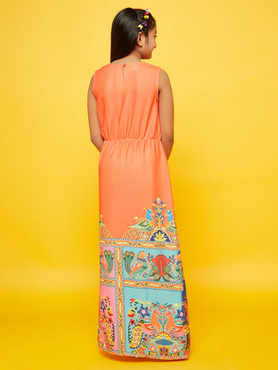 Orange Printed Flared Dress