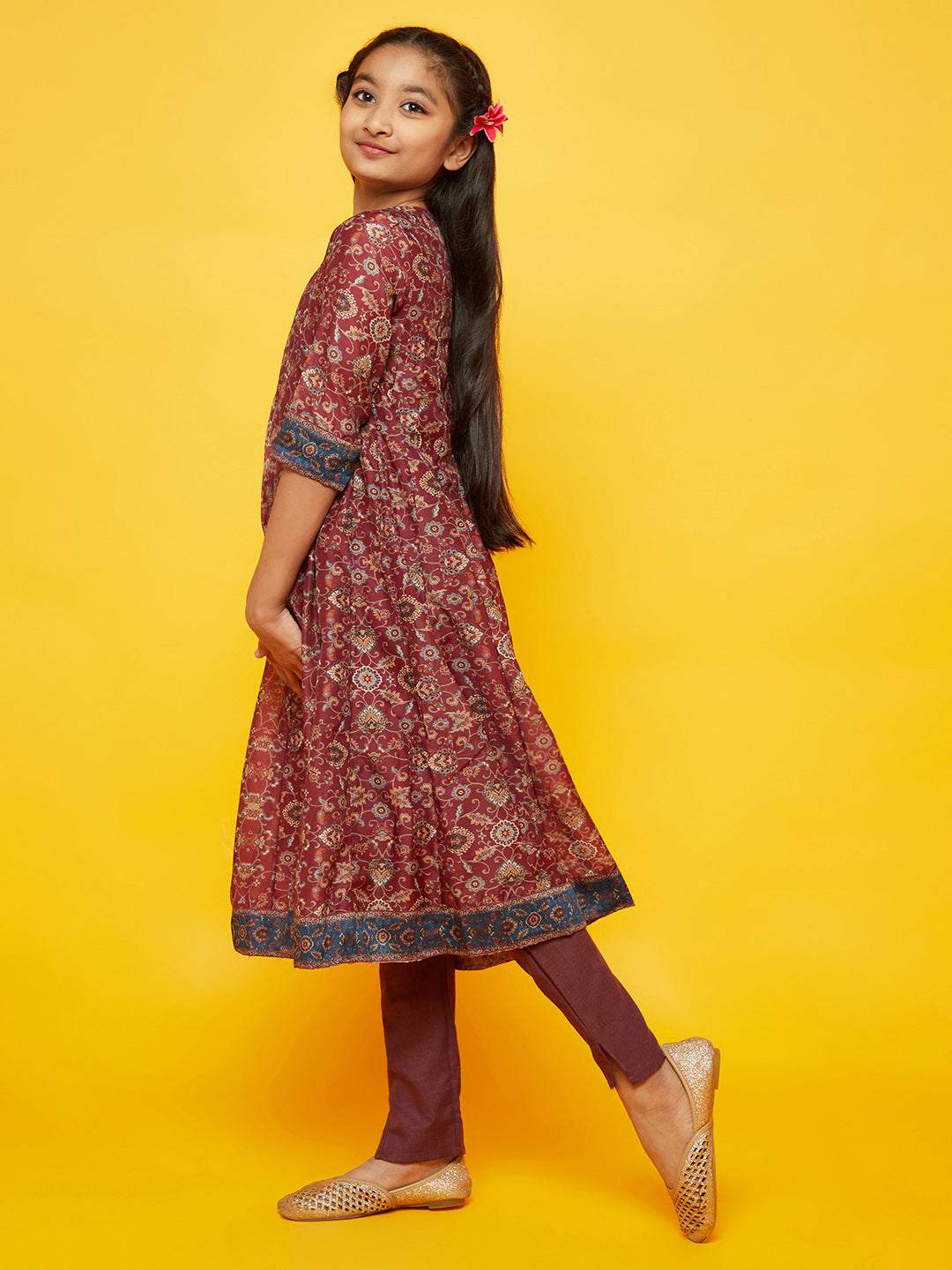 Burgundy Floral Print Anarkali Pant With Dupatta