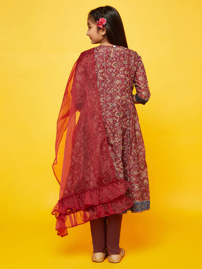 Burgundy Floral Print Anarkali Pant With Dupatta