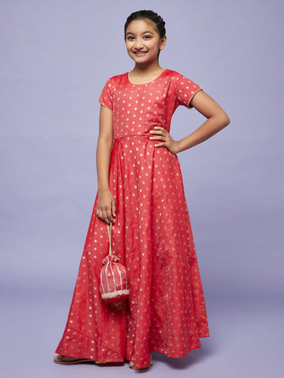 Red Gold Dobby Maxi Dress With Potali Bag