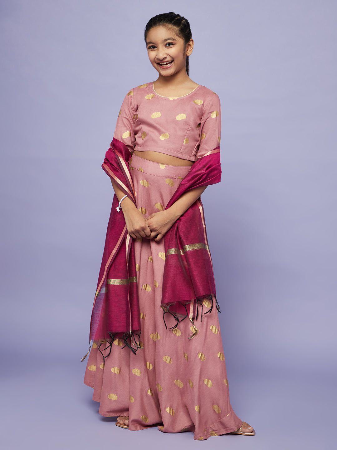 Mauve Gold Printed Lehenga Choli With Dupatta Set