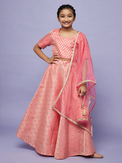 Pink Banarasi Brocade Lehenga Choli Mother Daughter Combo