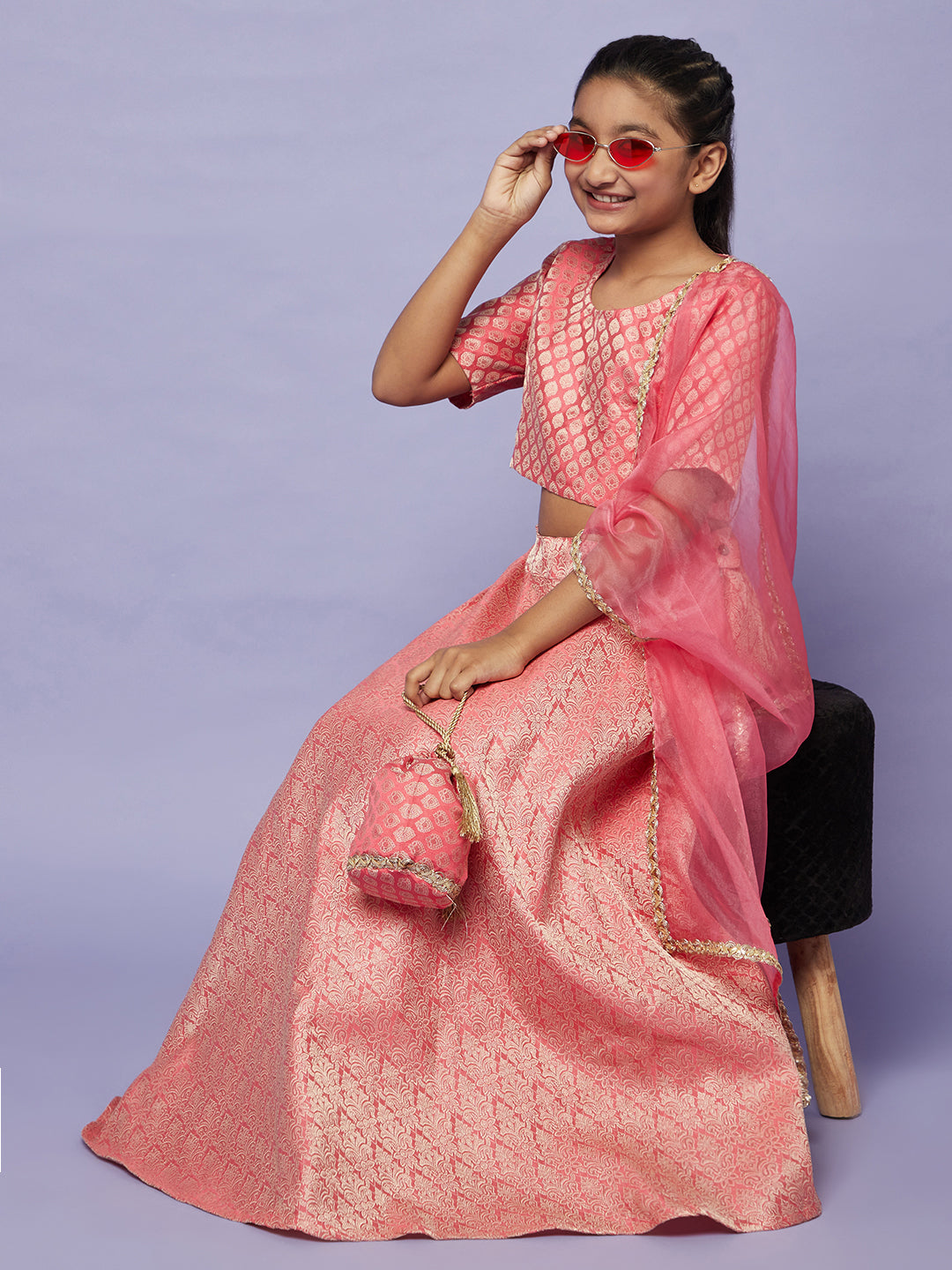 Pink Banarasi Brocade Lehenga Choli Mother Daughter Combo