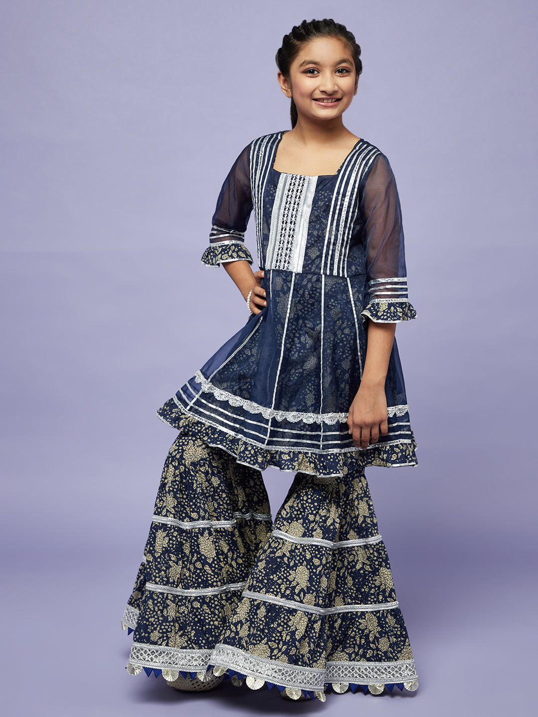 Navy Blue Floral Print Kurta Sharara With Jacket