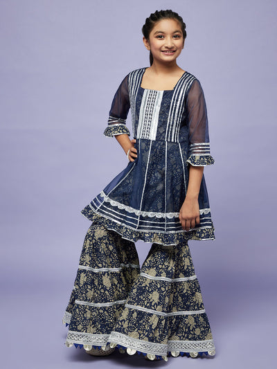 Navy Blue Floral Print Kurta Sharara With Jacket