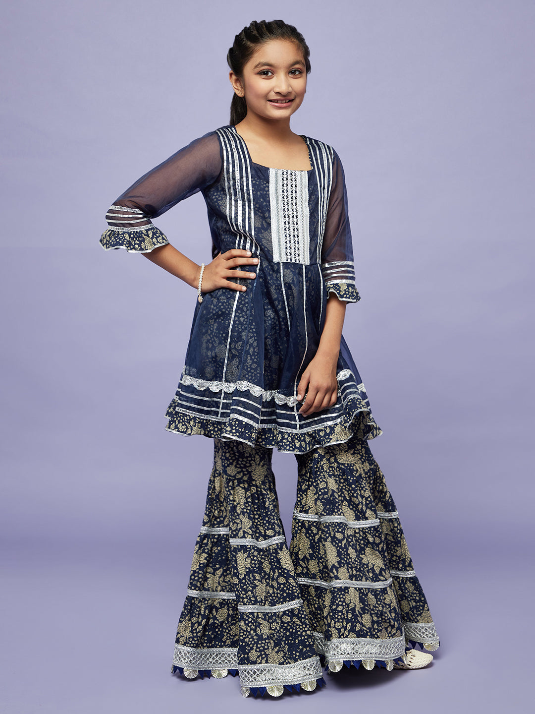 Navy Blue Floral Print Kurta Sharara With Jacket