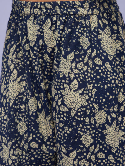 Navy Blue Floral Print Kurta Sharara With Jacket