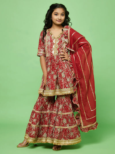 Red Floral Print Kurta Sharara With Dupatta