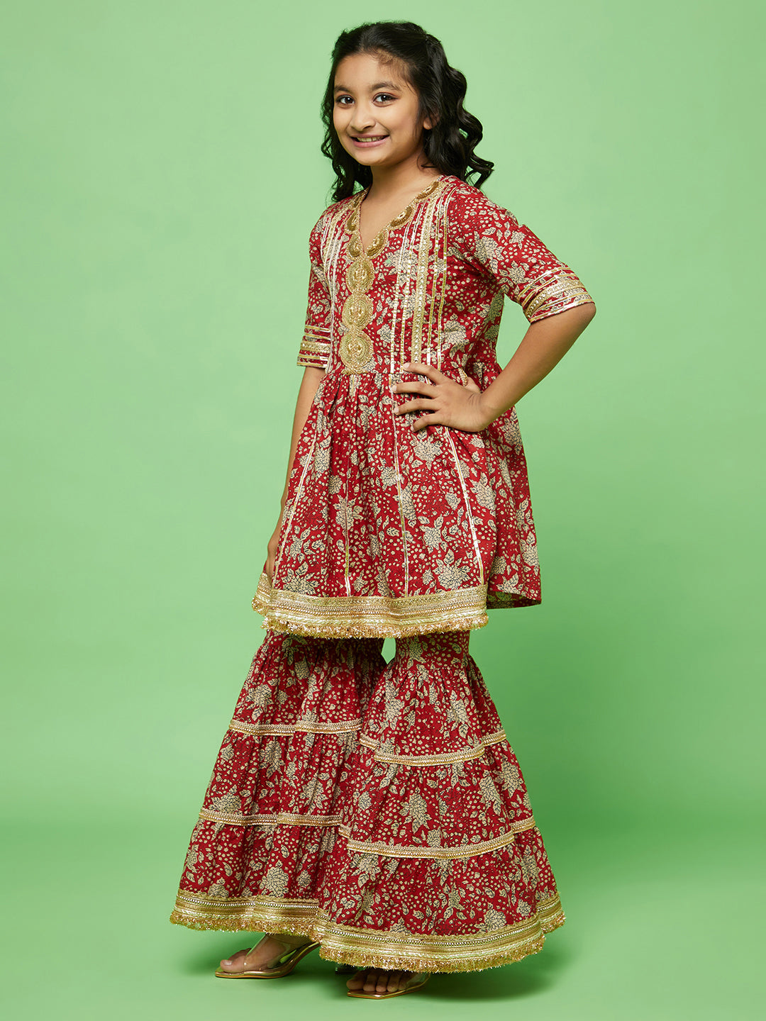 Red Floral Print Kurta Sharara With Dupatta