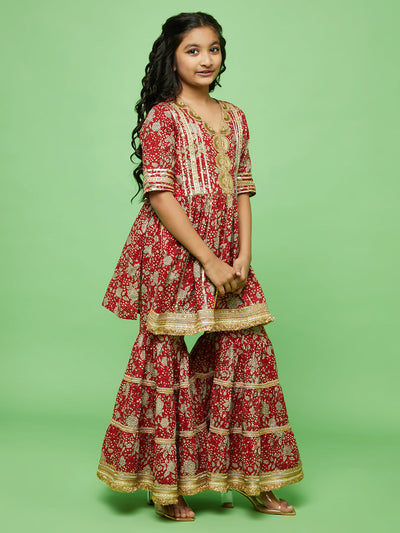 Red Floral Print Kurta Sharara With Dupatta